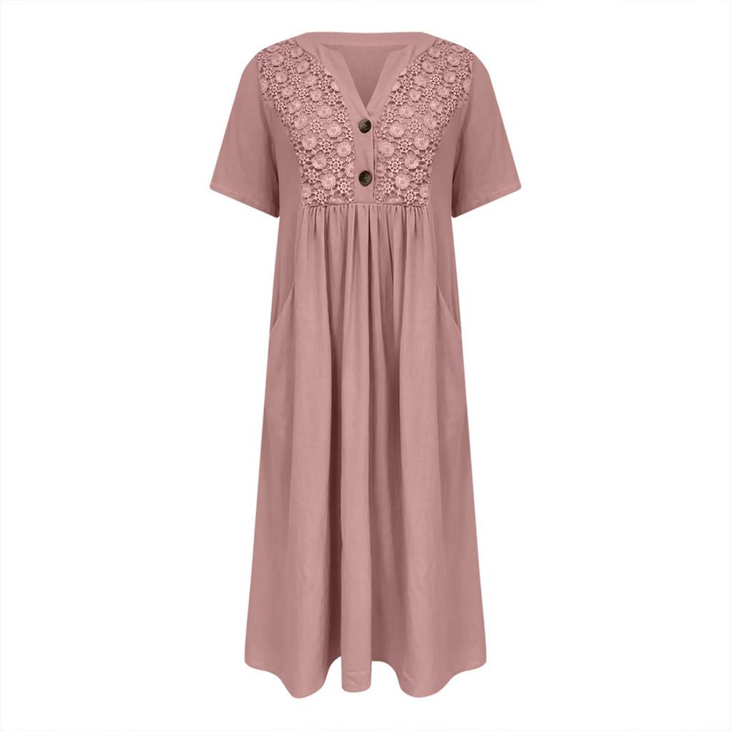 Summer Dresses For Women Boho Maxi Dress Short Sleeve V Neck Dresses Fashion Dress with Pockets