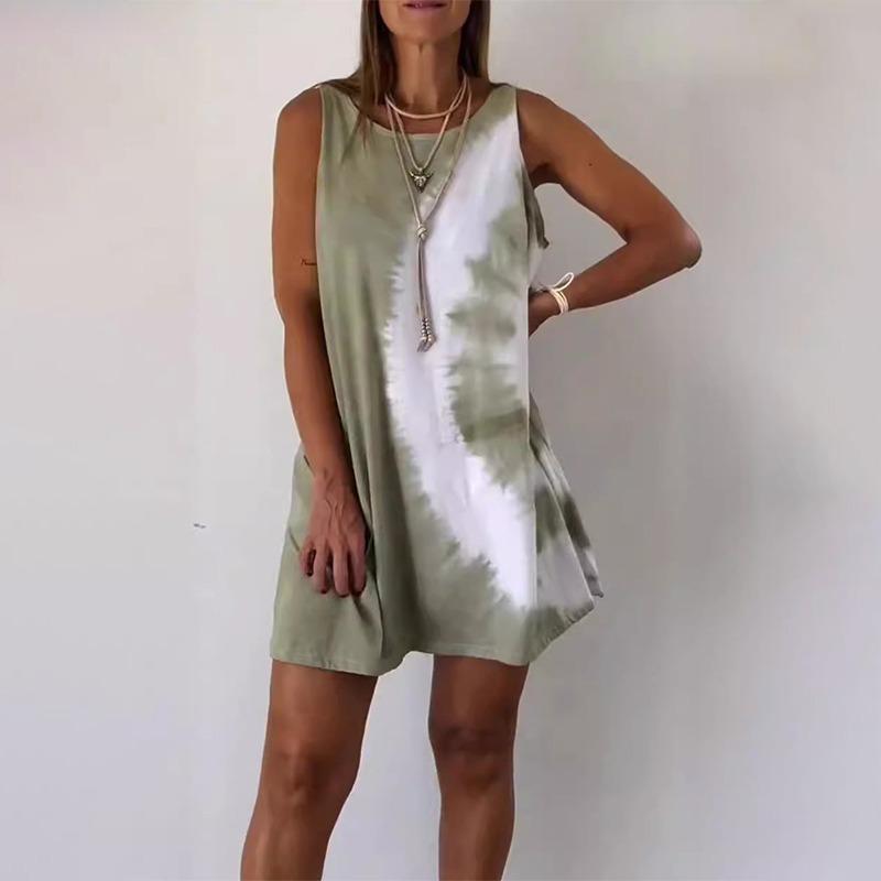 2024 Summer Round Neck Dress for Women  Tie Dye Sleeveless Dresses Fashion Loose Simple Vacation Ladies Casual Wear Robe Femme