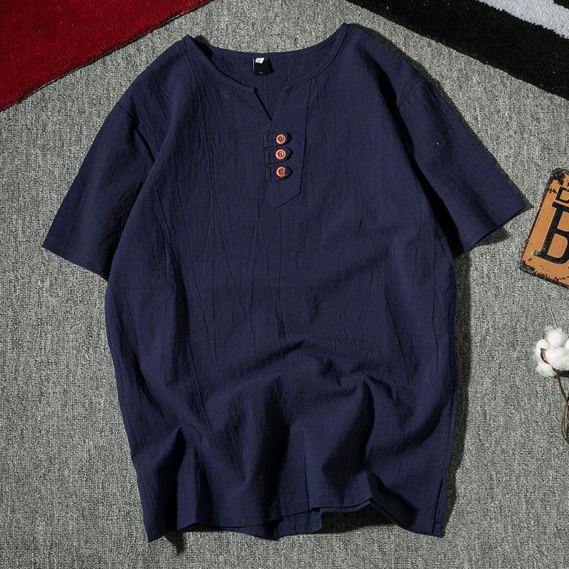 Men's Summer Breathable Beige Henley Neck Short Sleeve Shirt