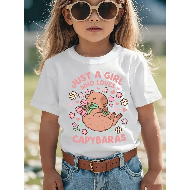 Girls JUST A GIRL WHO LOVES CAPYBARAS Letter Capybara Tulip Print Crewneck Tee 110