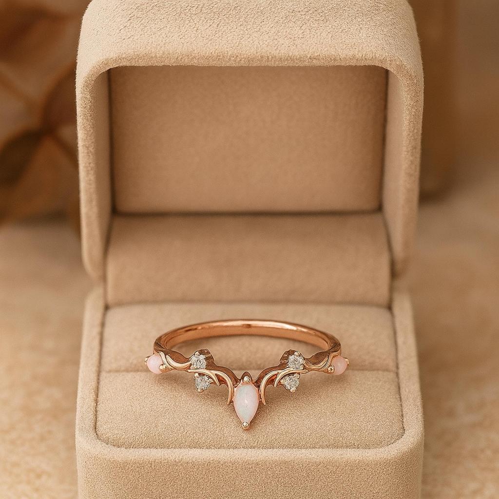 Marquise Opal Ring with Cubic Zirconia Side Stones – Rose Gold Plated 925 Sterling Silver V-Shape Wedding Band - Art Deco jewelry Gift for her