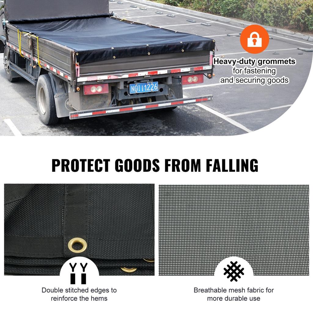 Dump Truck Mesh Tarp, 7 x 22 ft, PVC Coated Black Heavy Duty Cover with 5.5" 18oz Double Pocket, Brass Grommets, Reinforced Double Needle Stitch