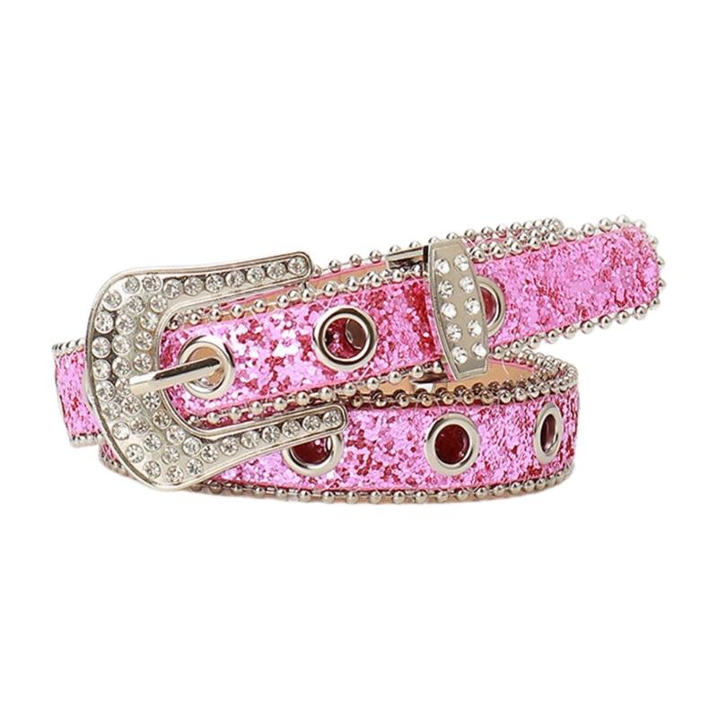 

Punk PU Waist Belt for Jean Heavy Duty Hip Hop Belt Waistband Glinting Buckle with Encrusted Rhinestones S
