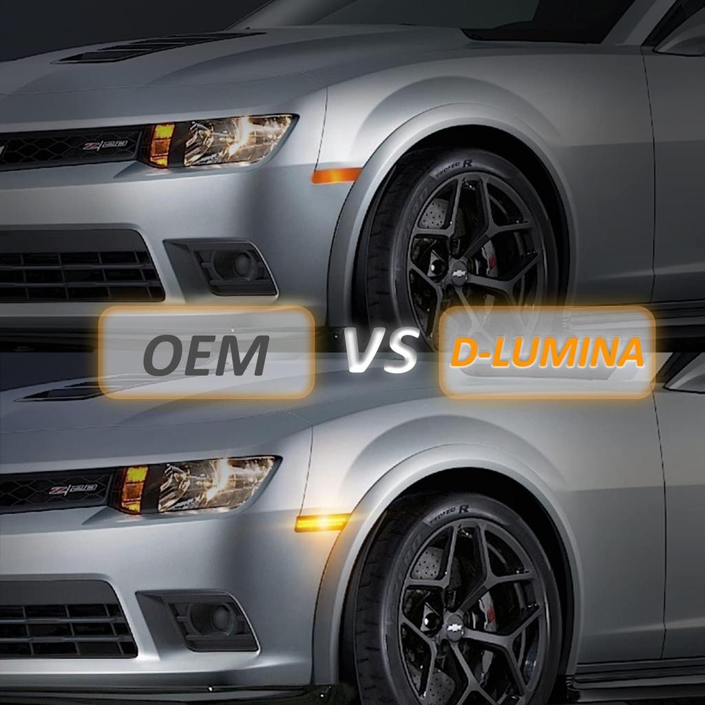 D-Lumina Chevy Camaro Side Marker Lights Smoked Lens for Camaro 2010 2011 2012 2013 2014 2015, Amber Front Bumper Marker Light Tinted Side Reflector,
