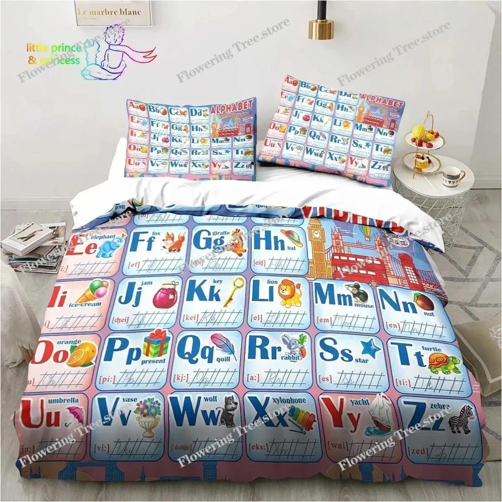 Educational Alphabet Bedding Set Single Twin Full Queen King Size Bed Set Adult Kid Bedroom Bedding Gift