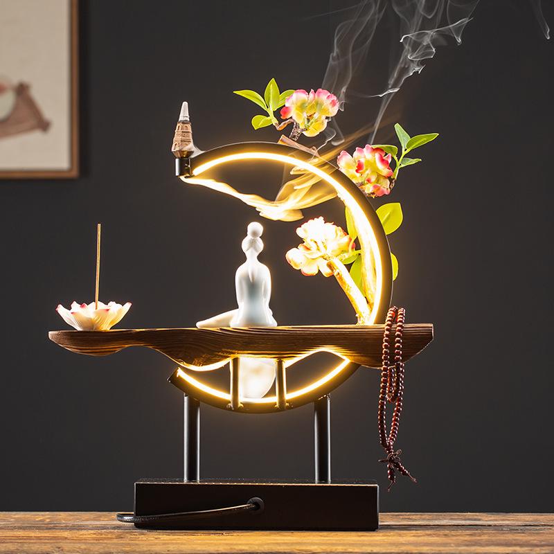 Chinese Style LED Ring Lamp with Backflow Incense Burner for Living Room Decor
