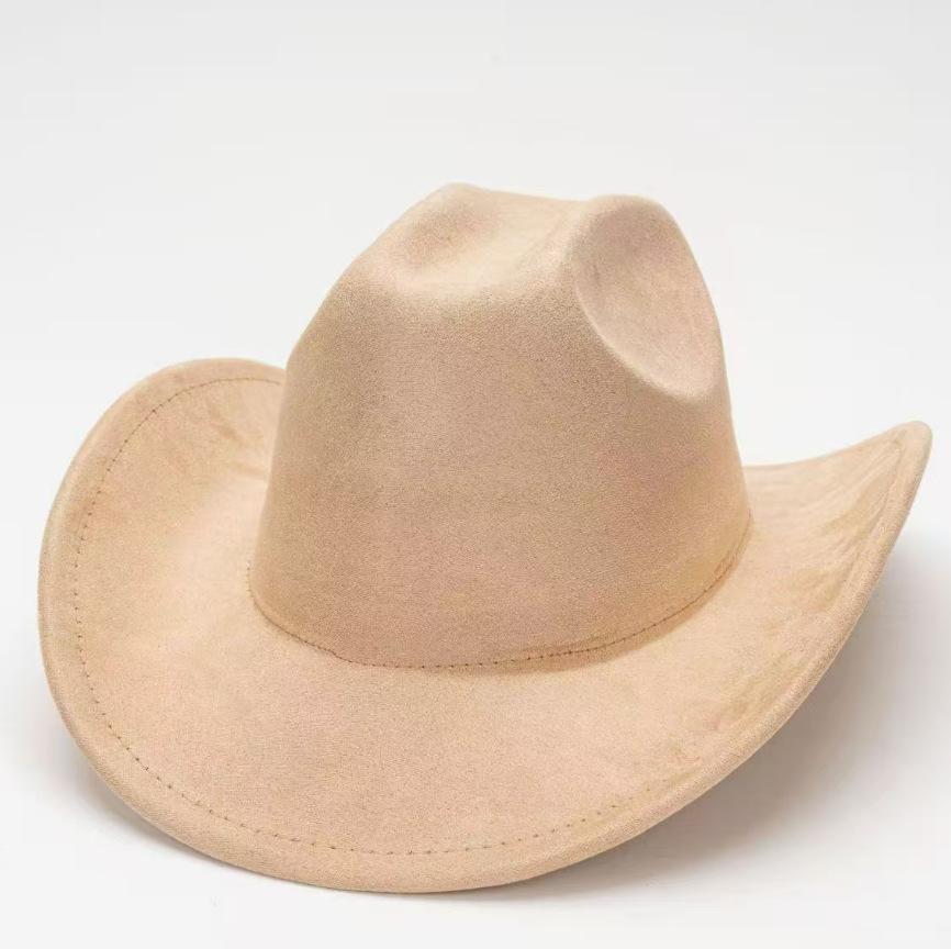 Western Suede Upturned Edge Western Cowboy Hat Men's and Women's Outdoor Travel Hat Rolled Brim Ethnic Style Top Hat Felt Hat