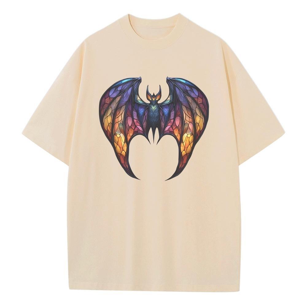Summer T Shirt Baggy Style Pure Cotton Breathable Print Black Bat Stained Glass Heavy Comfort Drop Shoulder Mens Womens Tops