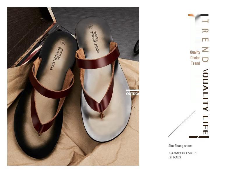 Men's Top Grain Cowhide Genuine Leather Non-Slip Summer Slippers - Trendy, Breathable, Versatile Flip Flops for the Beach