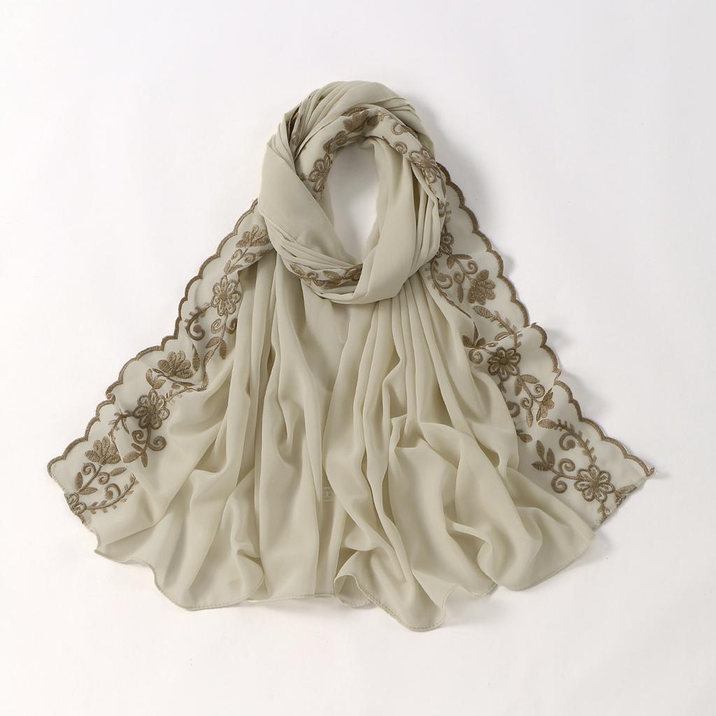 Floral Embroidery Edge Chiffon Silk Scarf Women Muslim Hijab Headscarf Soft Wraps Headband Summer Sunscreen Shawls Beach Shawls