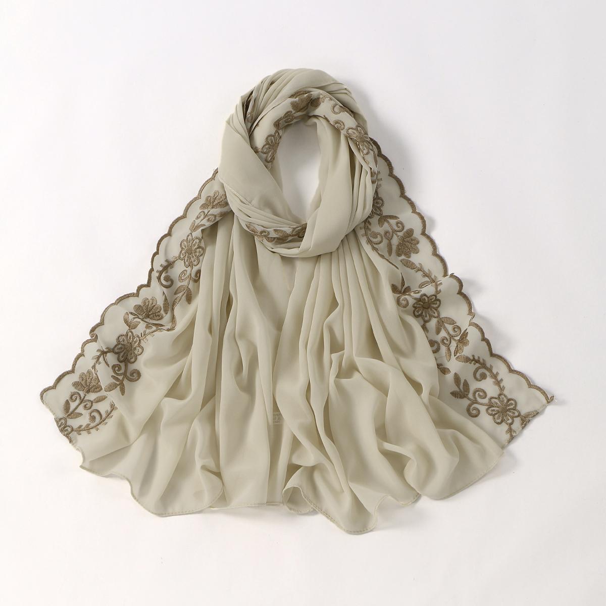 

Floral Embroidery Edge Chiffon Silk Scarf Women Muslim Hijab Headscarf Soft Wraps Headband Summer Sunscreen Shawls Beach Shawls