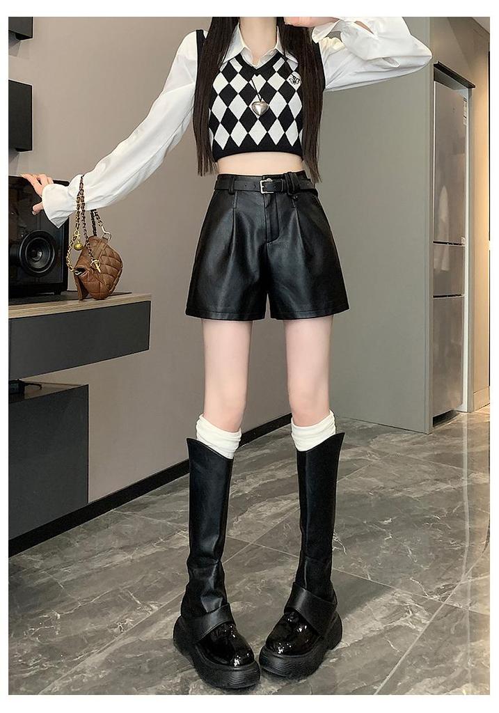 PU Leather High Waist Wide-Leg Shorts for Women - Black A-Line Slimming Booty Shorts for Autumn/Winter 2024