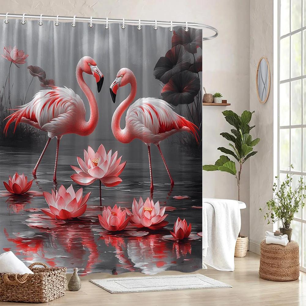 Pandara Jewelry Pink/Grey Flamingos Shower Curtain - Serene Pond With Lotus Flowers, Misty Landscape, Romantic Digital Painting Design,12 Hooks