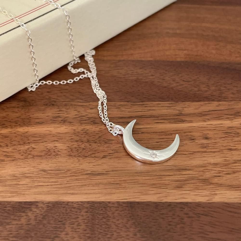 Moon Necklace for Silver Sterling Silver Crescent Moon Clavicle Popular Day Gift [Rockyu] Women, & Gold, 925, Zirconia, Pendant, Cute, Chain,