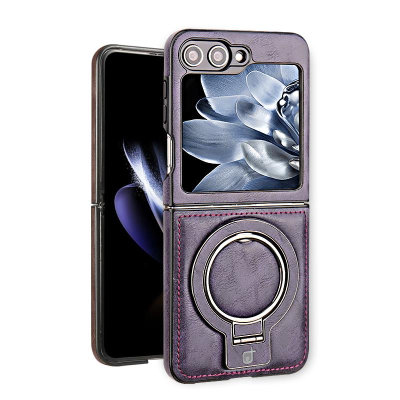 Luxury Leather Phone Case For Samsung Galaxy Z Flip 7 6 5 4 3 5G Magnetic Cover Ring Metal Bracket Shockproof Kickstand Cover