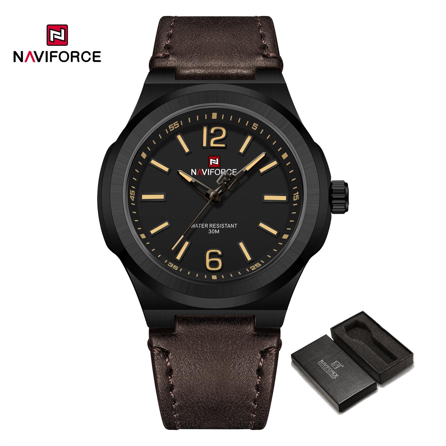 

NAVIFORCE Мужские часы повседневные спортивные кожаные ремешки Водонепроницаемые кварцевые наручные часы с календарем NF9233 жёлтый