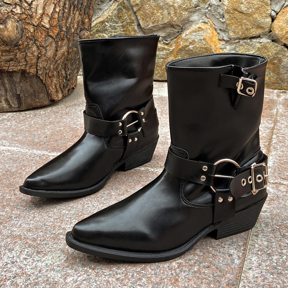 

Короткие сапоги женские на толстом каблуке, но до колена, осень-зима 2025 года, новые остроносые сапоги в стиле ретро с металлической пряжкой из кожи в стиле вестерн 35 чёрный