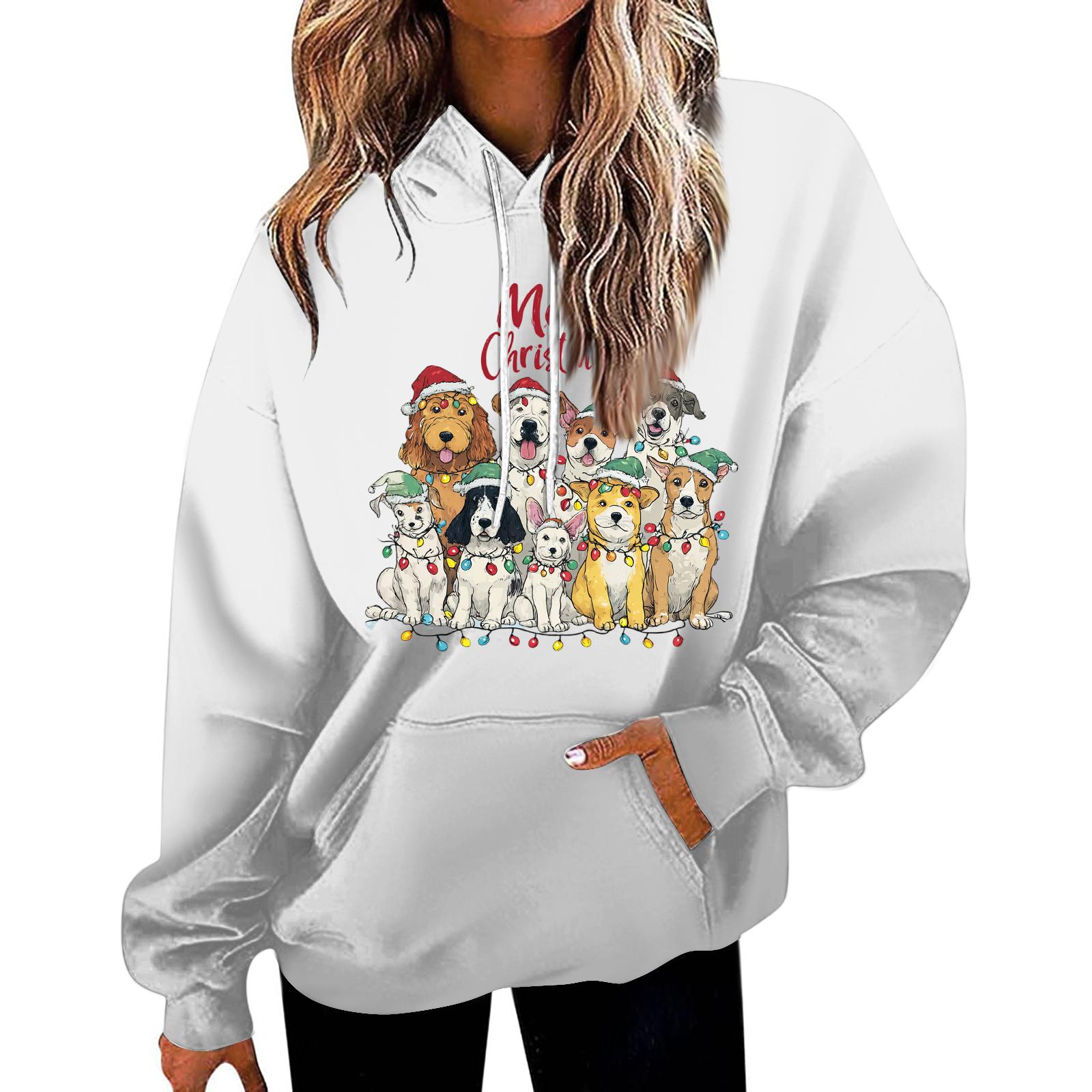 

Женская повседневная модная толстовка с капюшоном и карманами с рождественским принтом букв XL белый