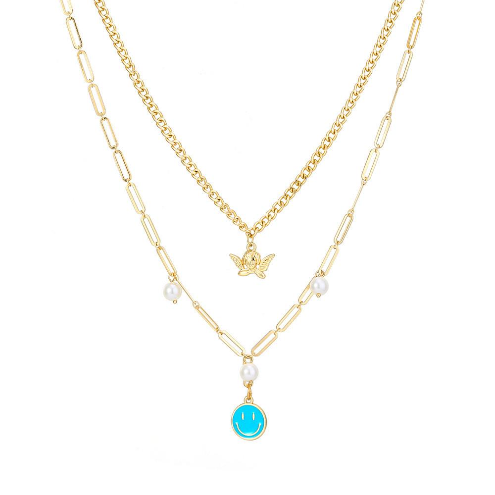 Elegant Gold Pearl Angel Smile Face Necklace With Unique Geometric Design For Women