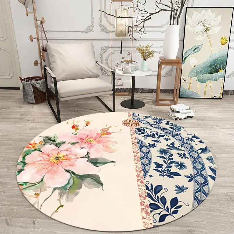 Chinese Classical Flowers Round Carpet Circle Area Rug for Study Bedroom Living Room Table Decor Soft Floor Mat Kitchen Doormat