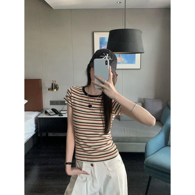 Retro Kontrast Streifen Rundhals Kurzarm Shirt Damen Sommer Neu Vielseitig Schlank Schulter Student Top Trend