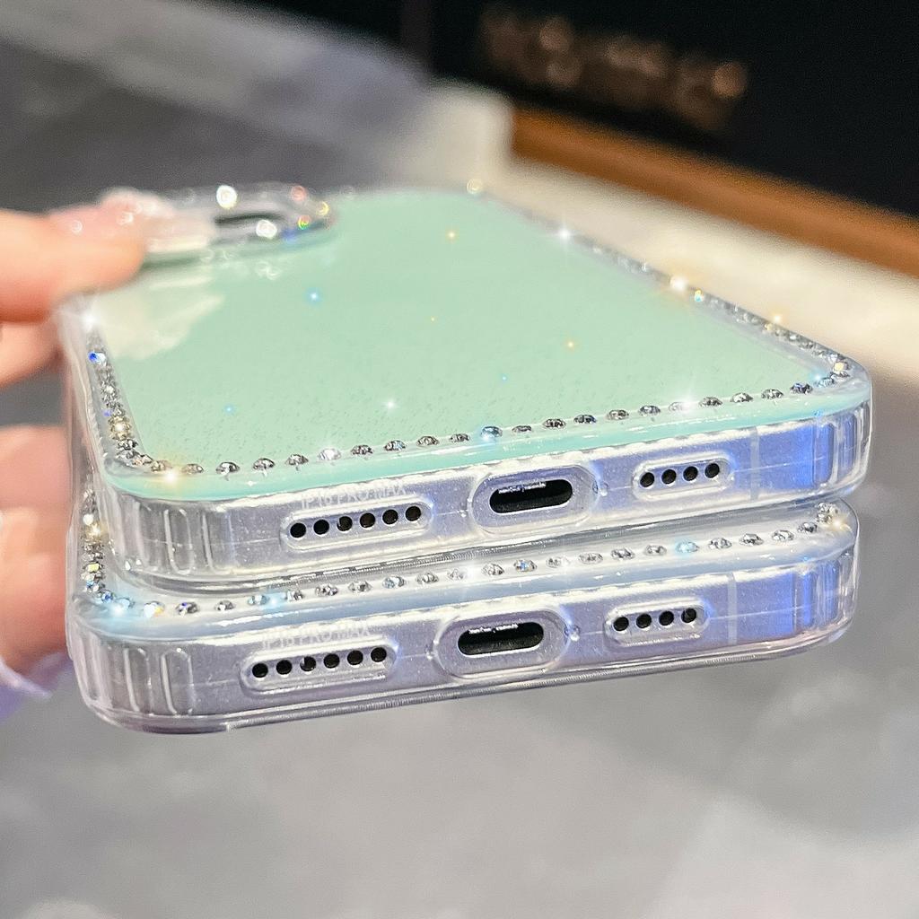 For iPhone 15 Pro Case Rhinestone Edge Glitter Back TPU+PC IMD Phone Cover