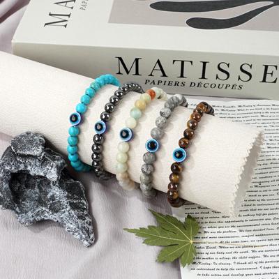 Bracciale Occhio in Pietra Naturale da 6MM con Occhio di Tigre, Ossidiana Imitazione e Perle di Turchese Bianco