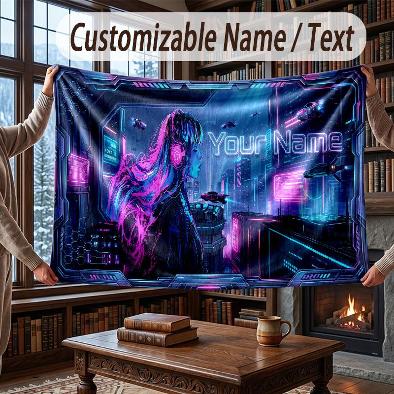 City Cyberpunk Theme Throw Blanket Custom Name Text Personalized Blanket Soft Cozy Blanket for Home Sofa Bed