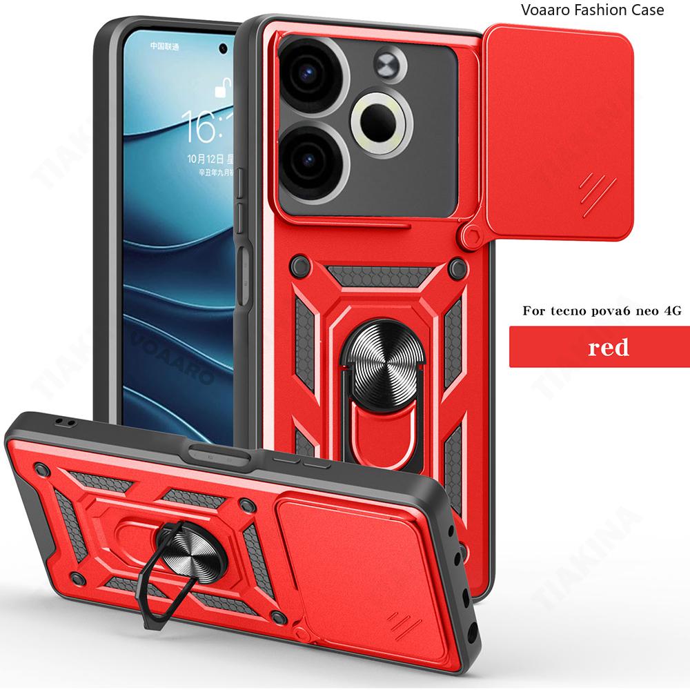 Slide Lens Armor Funda for Tecno Pova 6 Neo 4G Case Magnetic Rotate Ring Stand Holder Cover for Tecno Pova 6 Neo 4G Case Capa