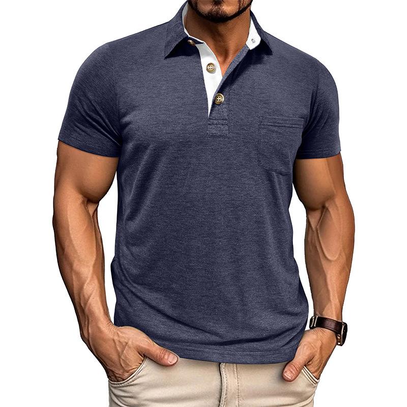 Summer Mens Short Sleeve Turn Down Collar T-Shirt Fashion Patchwork Polos Man