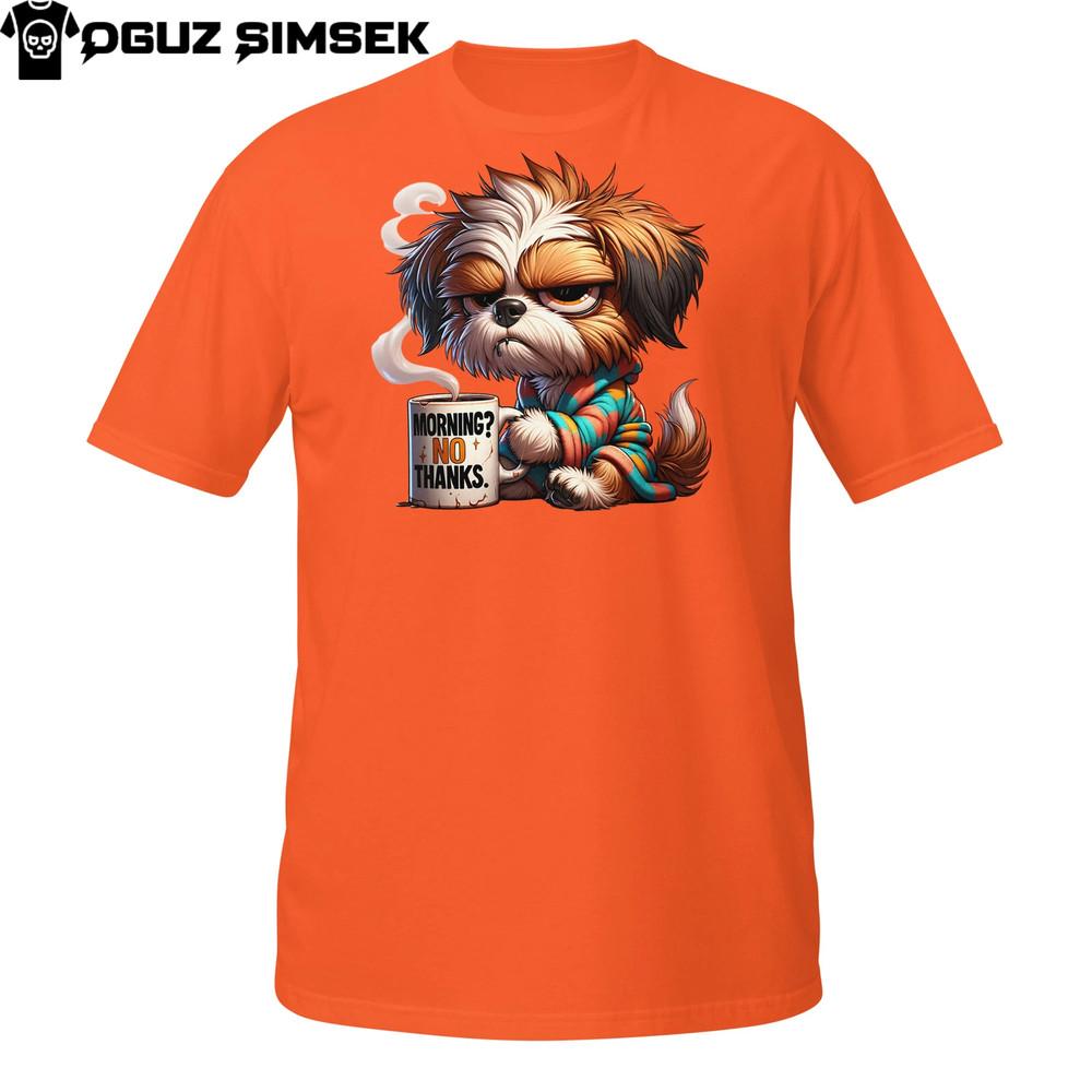 

No Morning Dog T-Shirt | Grumpy Pup with Coffee Mug | Funny Lazy Mood Tee Shirt 4XL