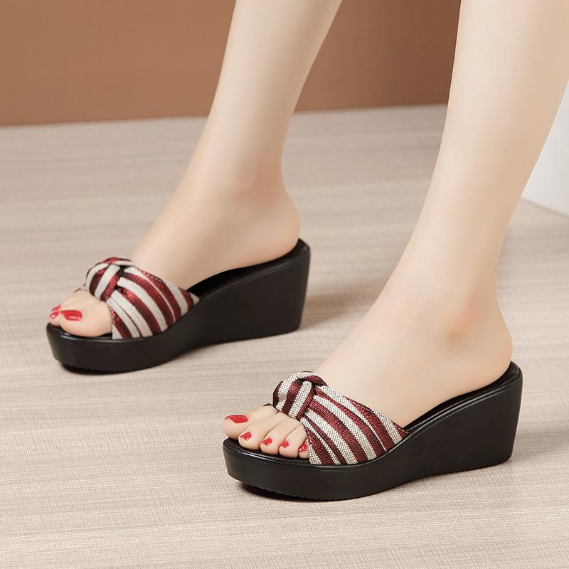 6cm 8cm 11cm Big Small Size 32-43 Comfortable Thick Bottom Platform Wedges Slippers 2025 Stripe Shoes Women Slippers Office Mom