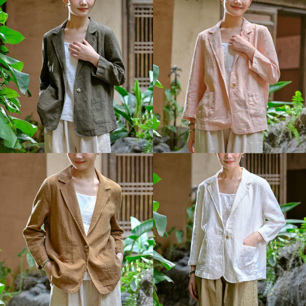 Women's Spring Cotton and Linen Literature and Art Casual Loose Large-format Suit Collar Shirt Women's Linen Distressed Sand Washed Outside