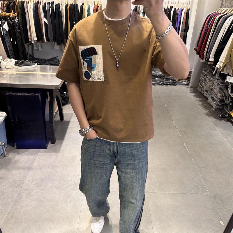 New Spliced Contrasting Color Round Neck Short-sleeved T-shirt Men's Beautiful Printed Couple Top