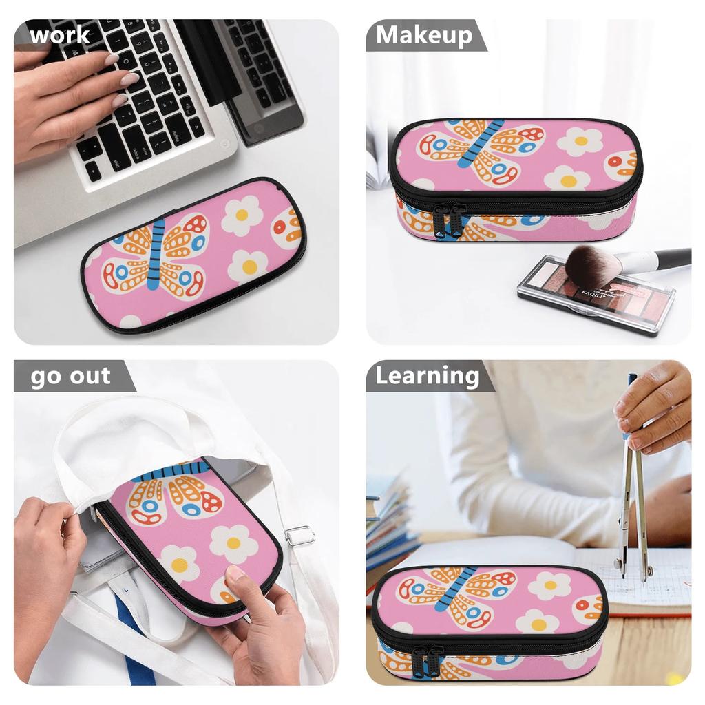 Pen Case 300D Polyester Printed Large Capacity Zipper Closure with Main Compartment Mesh Pocket and Pen Slots for Daily School Use