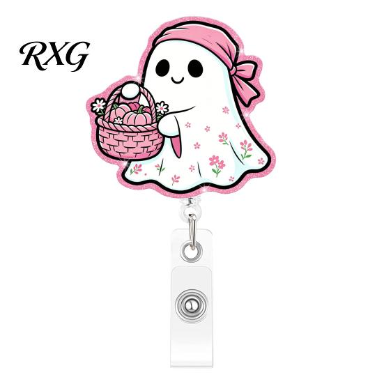 Clear Acrylic Retractable Badge Reel Halloween Ghost Reel, Glitter Holder Clip, Cute Pink for Collar or Bag ID Name Women Nurse Teacher Medical Office