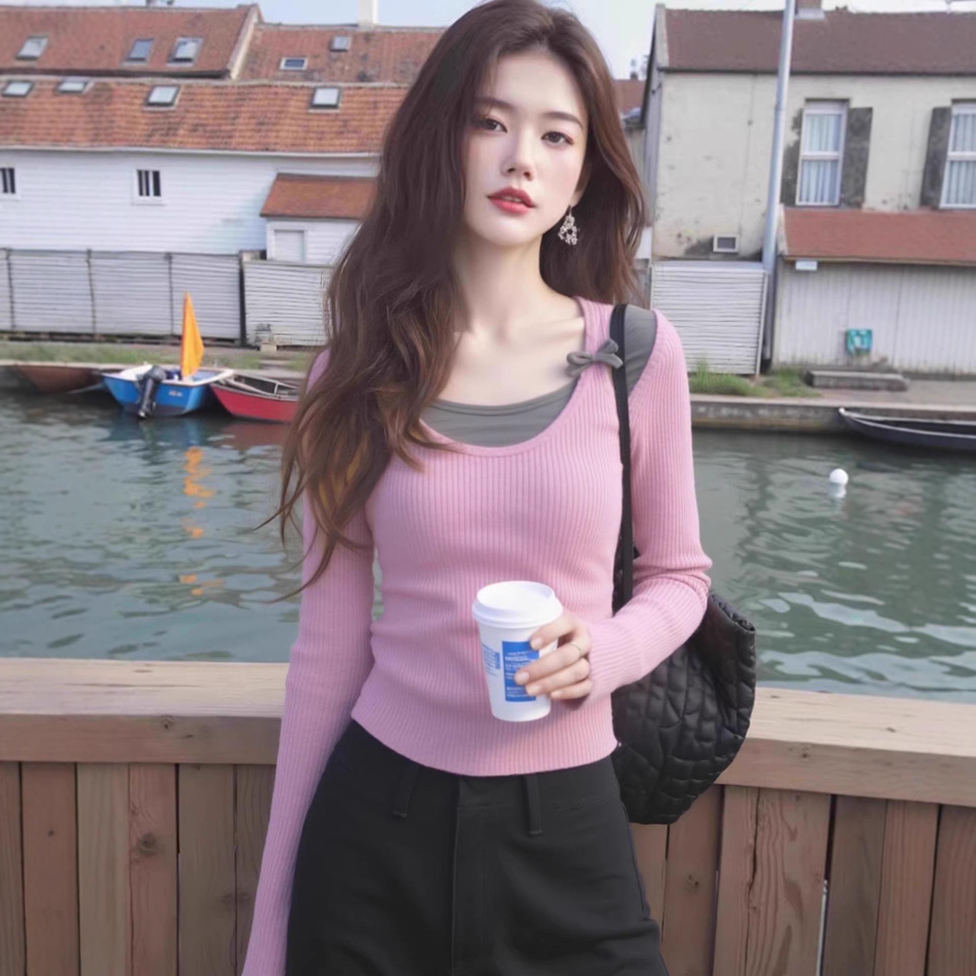 

Stylish Sweet & Spicy Color Block Slim Knit Long Sleeve Women s Top XL рожевий