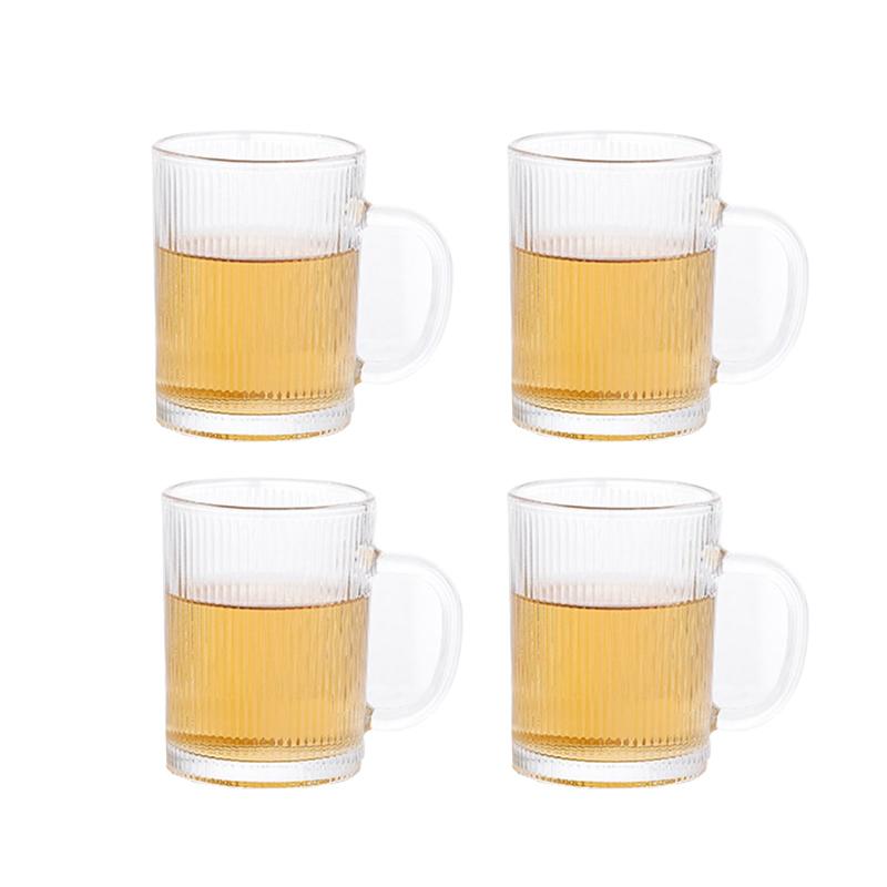 330ml Drinkware Household Transparent 4pcs Set Wheat Beer Glass Vertical Striped Glass Cup Heat Resistant Water Mug with Handle