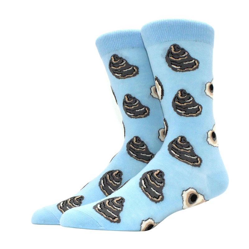 Roliga glada herrstrumpor med grafisk design, kammad bomull, omelett, groda, galen klocka, lax, majs, fågel, fisk, strumpa, julklapp