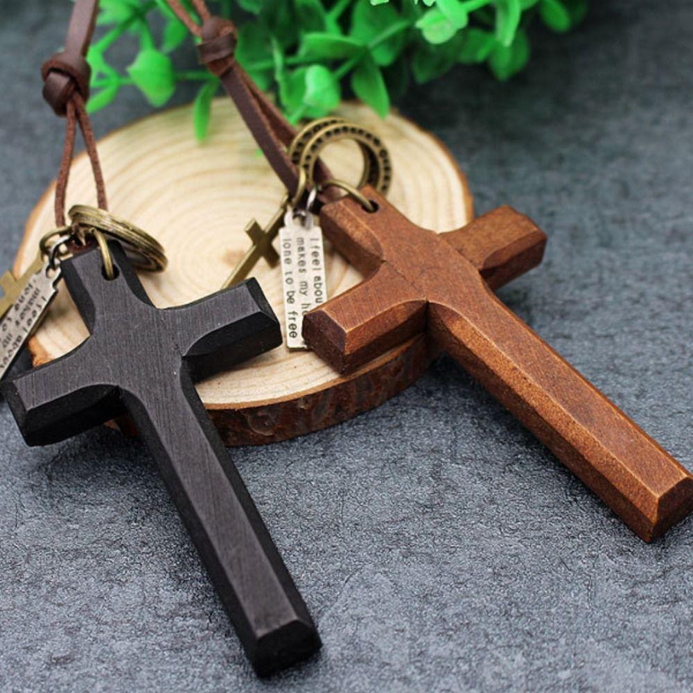 Religious Handmade Cross Necklace Metal Tags Crucifix Pendant Chain Wood Cross Necklace  Church