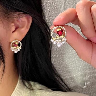 Dripping Oil Red Rose Pearl Retro Court Style Temperament Earrings Niche Design Exquisite Earrings Light Luxury Hong Kong Style