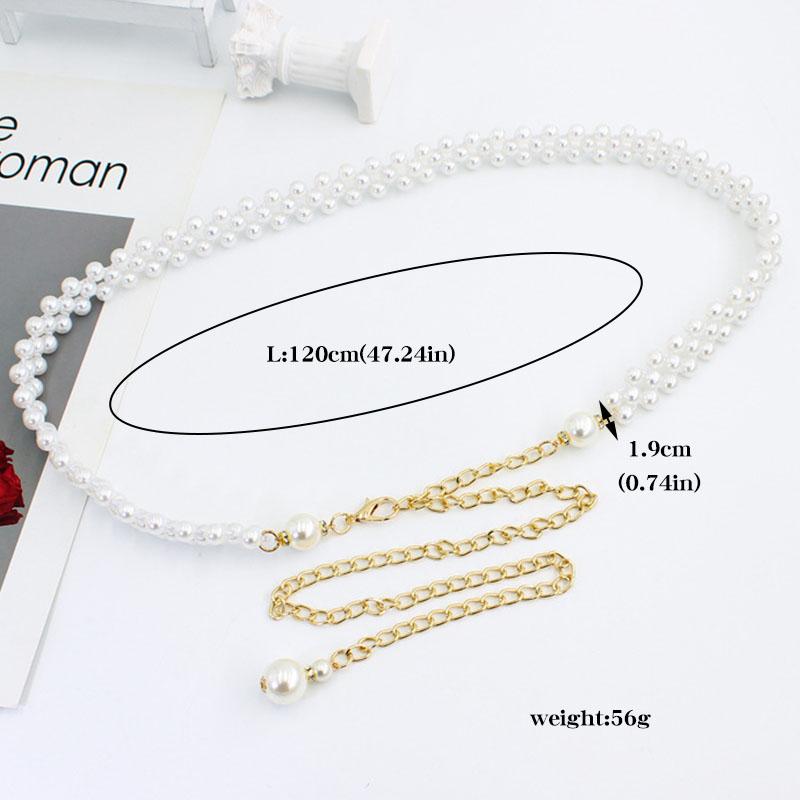 Fashion Adjustable Acrylic Pearl Belt Women Ladies Metal Thin Chain Belt Slim Body Chains Straps Dress Skirt Elastic Waistband