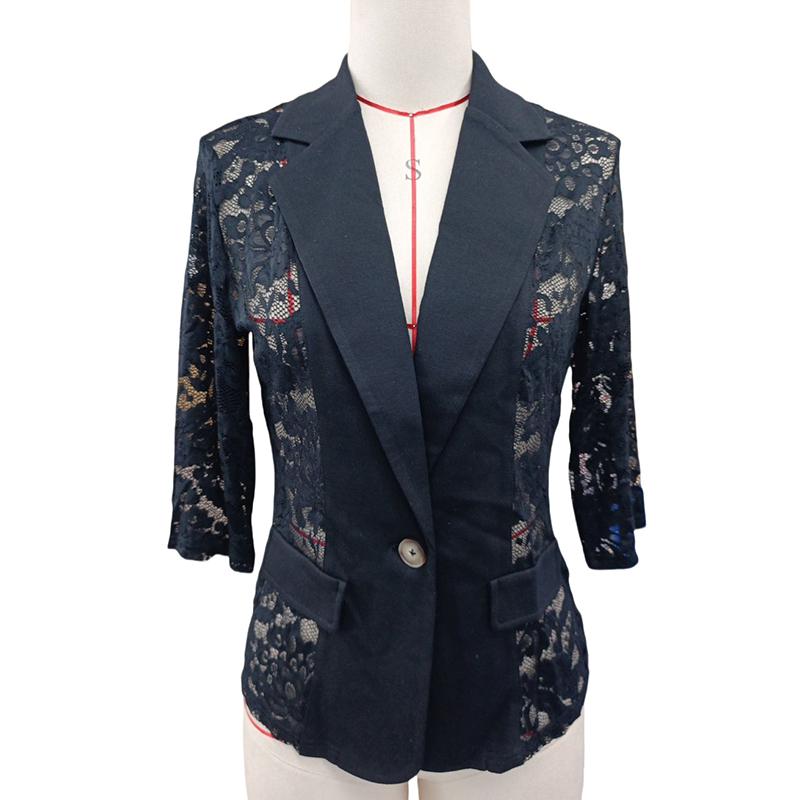 קרדיגן חליפה לנשים, צווארון מחויט, שרוול חצי, תחרה, גזרה פתוחה, צבע אחיד, למשרד