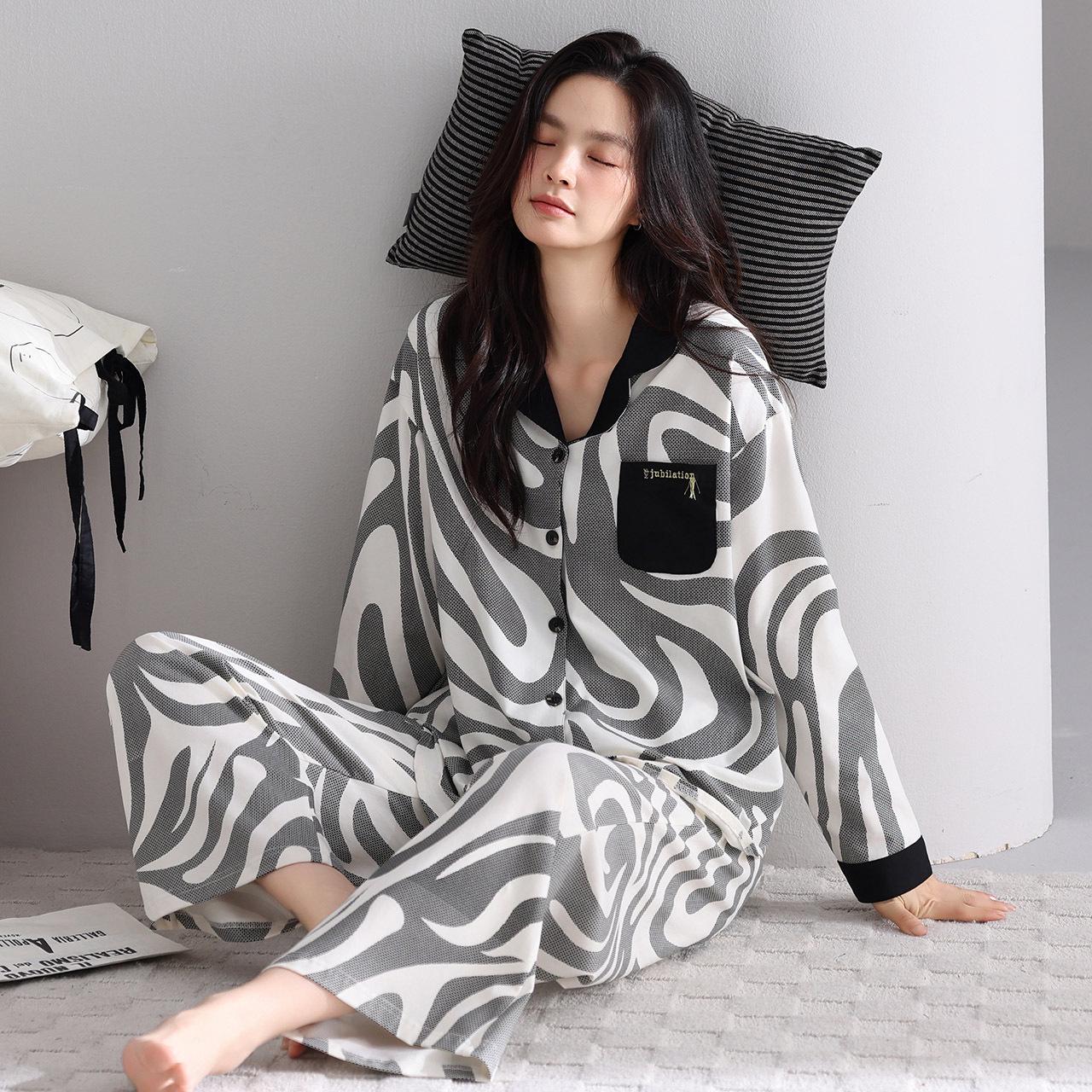 

Женский пижамный комплект из лайкры и хлопка: Отложной воротник, длинный рукав, длинные брюки, повседневный тонкий стиль для осени и весны - для дома или на выход. M (Height 155-160, Weight 80-100)