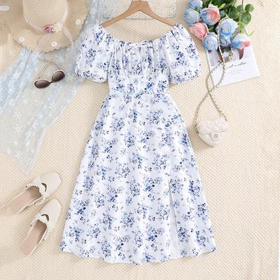 Popular Summer Children Clothing 8 9 10 11 12 Years Old Kids Blue Floral Printed Dresses Short Sleeve Princess Girls Dress