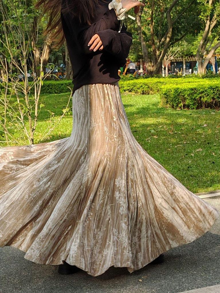 2025 Autumn/Winter Chinese-Style Printed A-Line Midi Swing Skirt for Women - Thick, Stylish, and Elegant