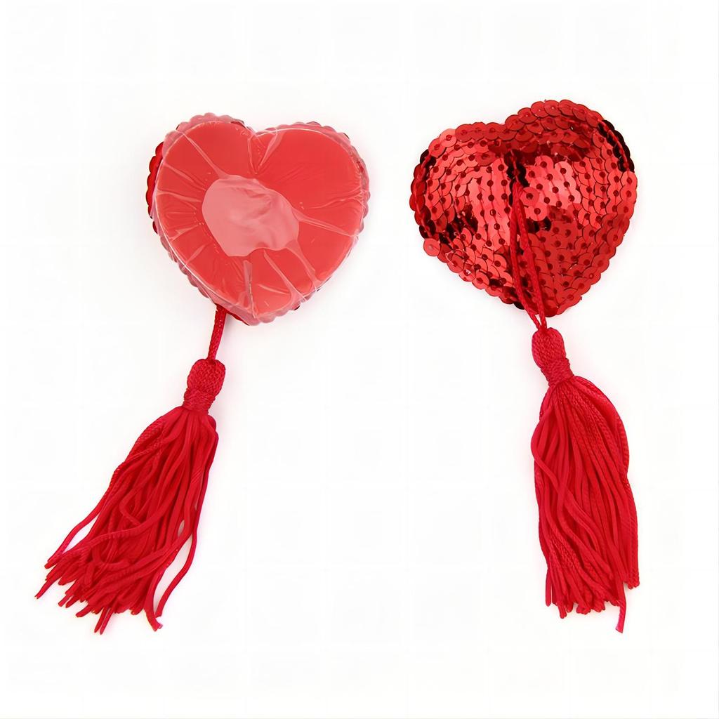 Guillotine Heart Sequin Nipple Pasties with Tassels - Adult Erotic Accessory