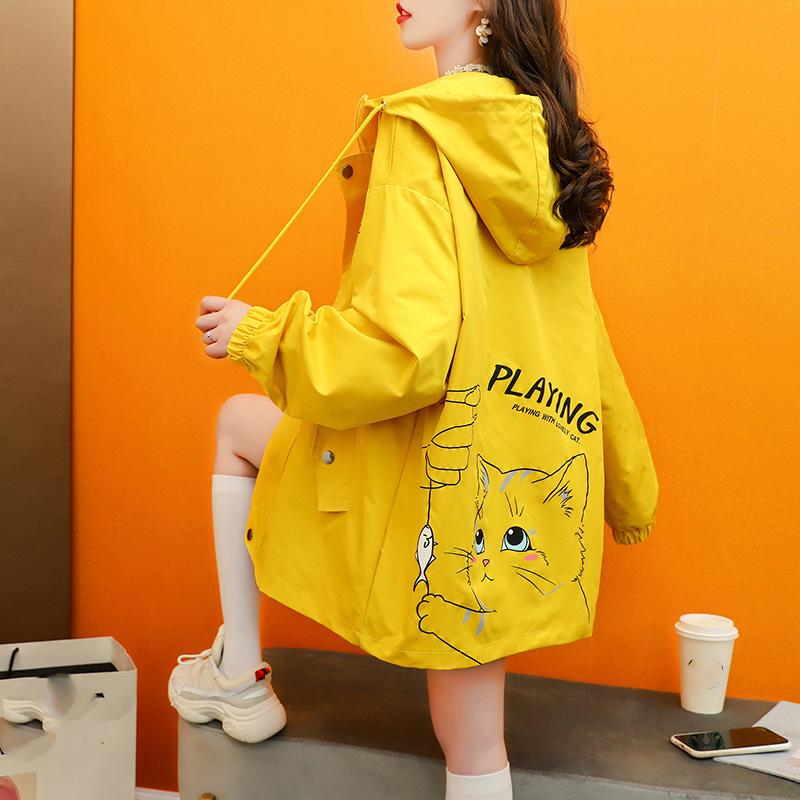 

Женская повседневная куртка с капюшоном больших размеров, повседневная легкая куртка с кошачьим узором, куртка больших размеров с принтом 2XL