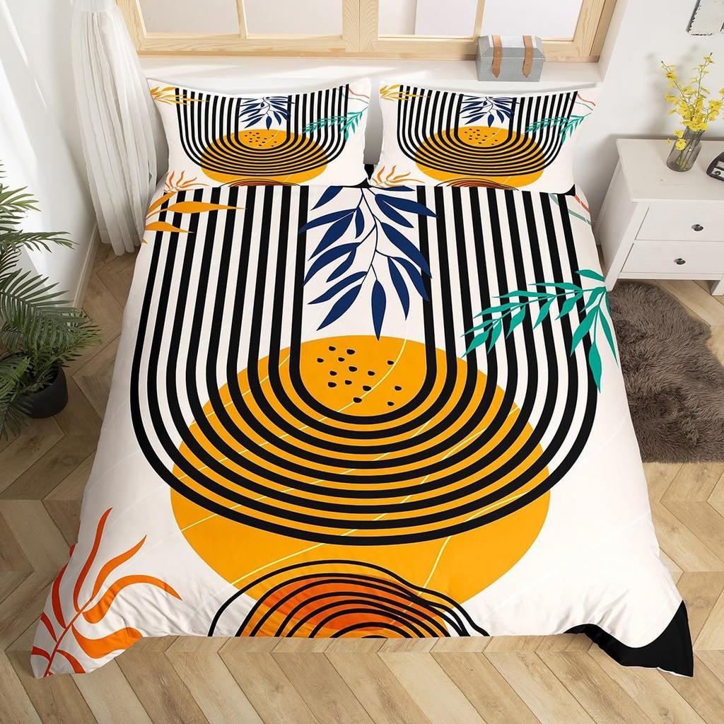 Mid Century Modern Påslakan Set King Abstrakt Geometriska Balansformer Regnbåge Sol Cirklar Boho Täcke Överdrag Sängkläder Set