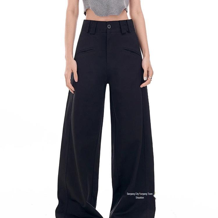 Autumn Black Wide-Leg High-Waist Pants for Plus Size Women